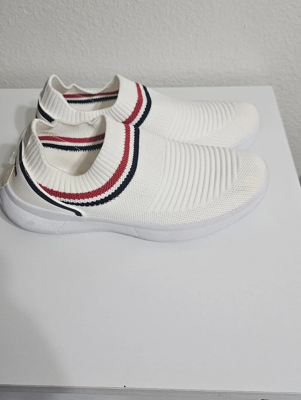 Danskin White Slip-On Knit Sneakers with Red & Navy Stripes